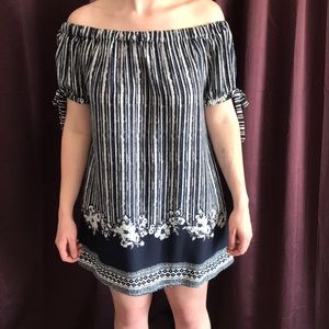 navy and white off the shoulder beach dress